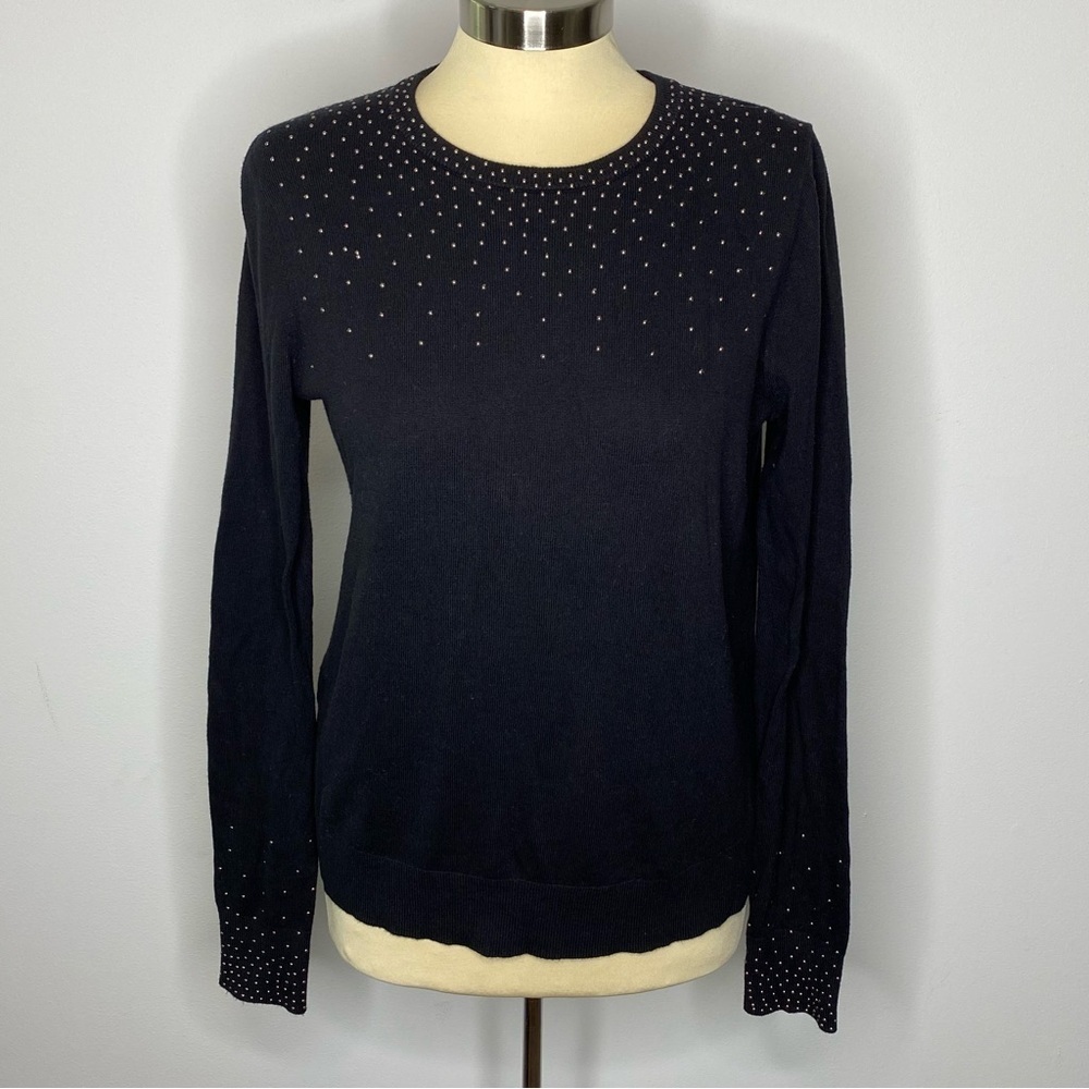 Ann Taylor Factory Black Crew Neck Gold Stud Trim Sweater
